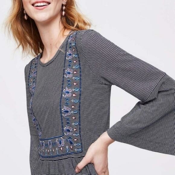 LOFT Striped Embroidered Long Bell Sleeve Top - Picture 8 of 8